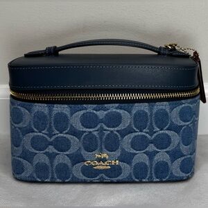 Coach CDC16 Cosmetic Case in Signature Denim, Gold/Indigo Top Handle Leather